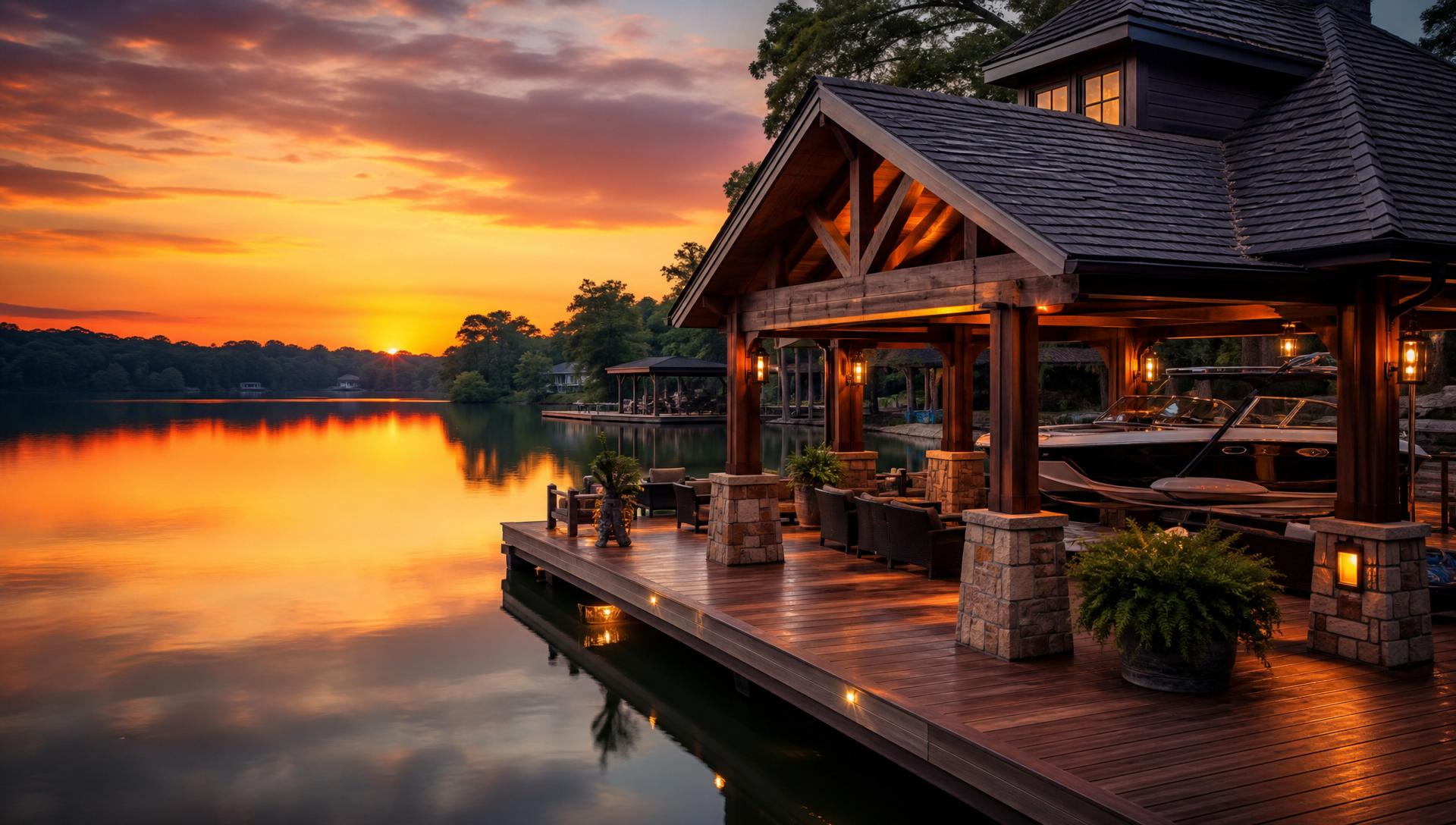 Beautiful covered dock on Lake Granbury at sunset